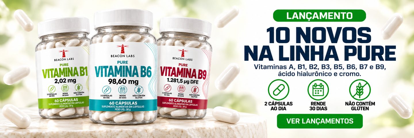 Lançamento. 10 novos na linha Pure. Vitaminas A, B1, B2, B3, B5, B6, B7 e B9, ácido hialurônico e cromo. 2 cápsulas ao dia, rende 30 dias, não contém glúten. Ver lançamentos.