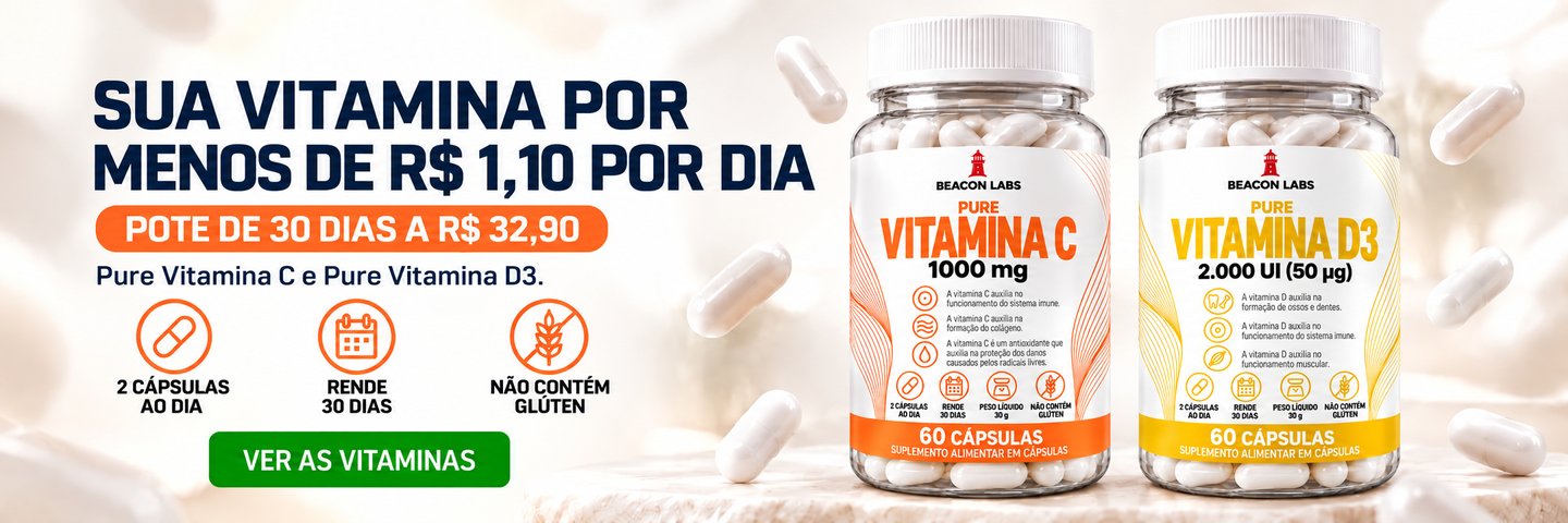 Sua vitamina por menos de R$ 1,10 por dia. Pote de 30 dias a R$ 32,90. Pure Vitamina C e Pure Vitamina D3. 2 cápsulas ao dia, rende 30 dias, não contém glúten. Ver as vitaminas.