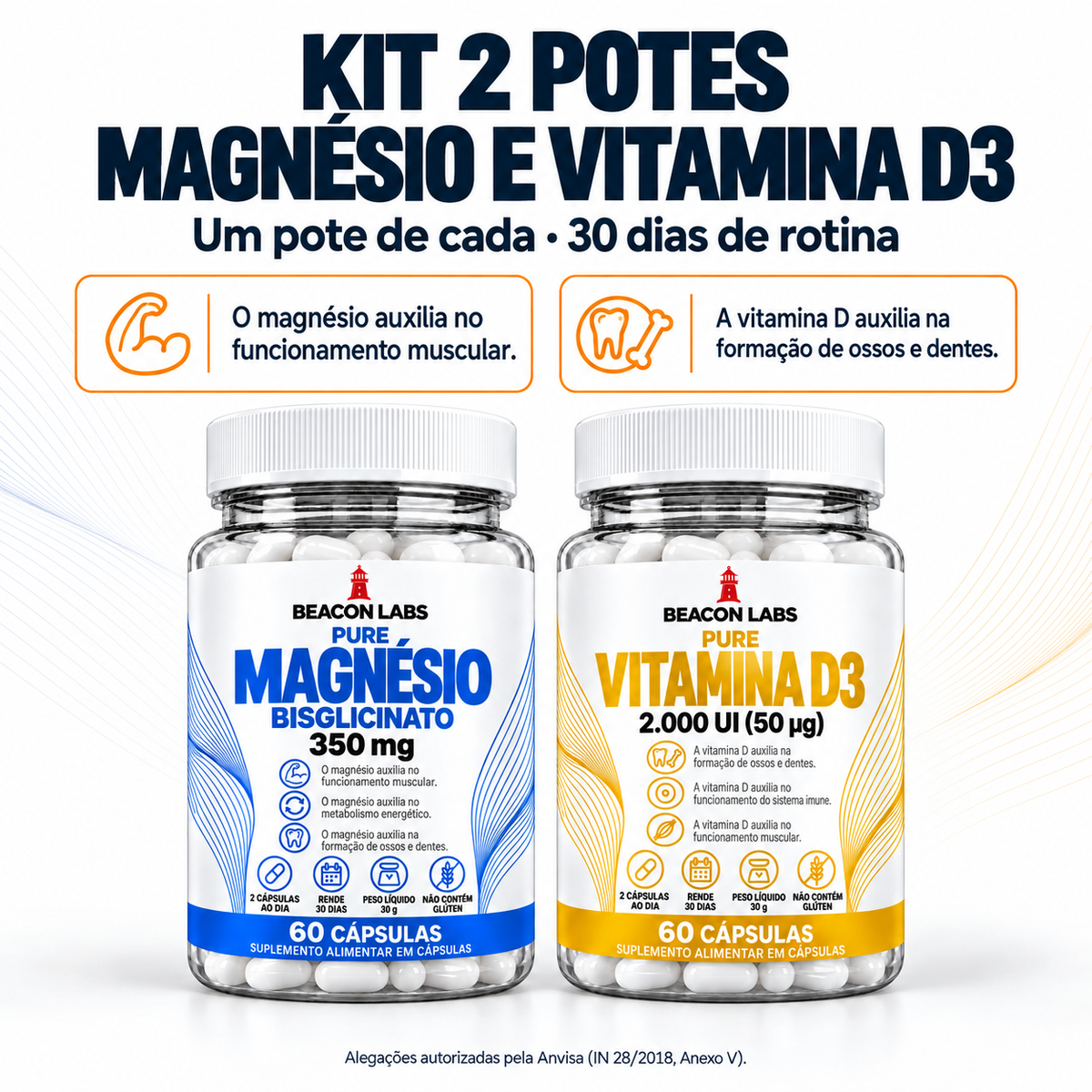 Combo Magnésio + Vitamina D3 – benefícios de cada item (frases do rótulo)