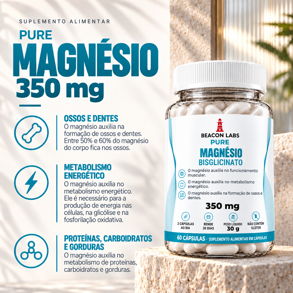 Pure Magnésio Bisglicinato 350mg – beneficios lista