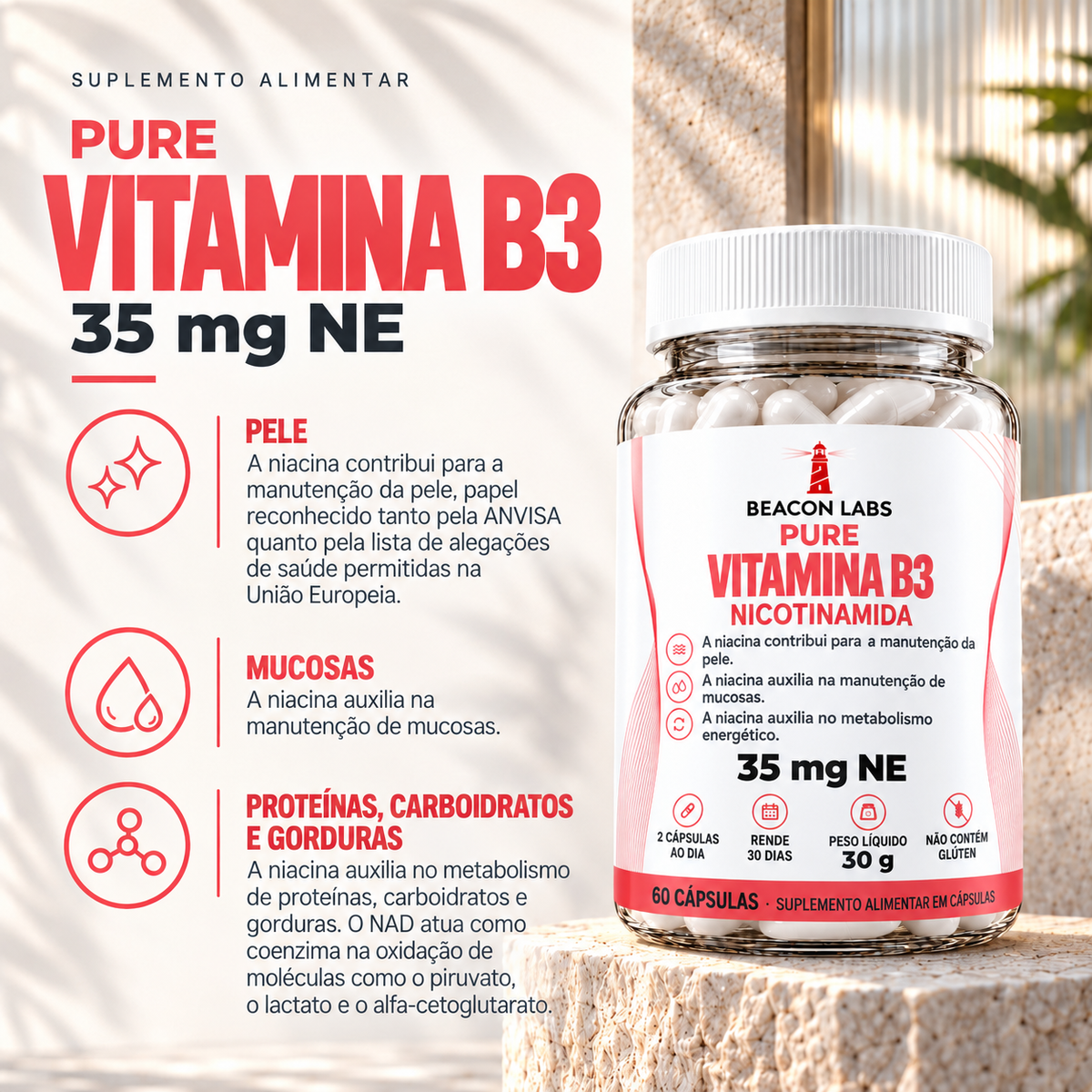 Pure Vitamina B3 Niacina Niacinamida 35mg NE – beneficios lista