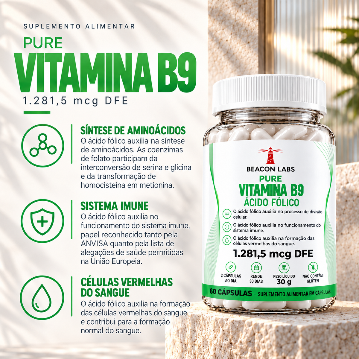Pure Vitamina B9 Ácido Fólico 1.281,5mcg DFE – beneficios lista