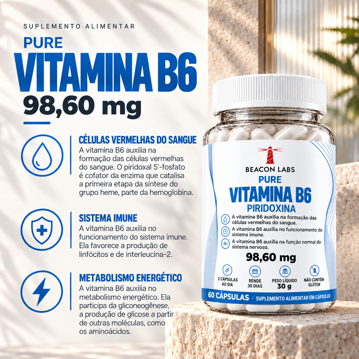 Pure Vitamina B6 Cloridrato de Piridoxina 98,60mg – beneficios lista