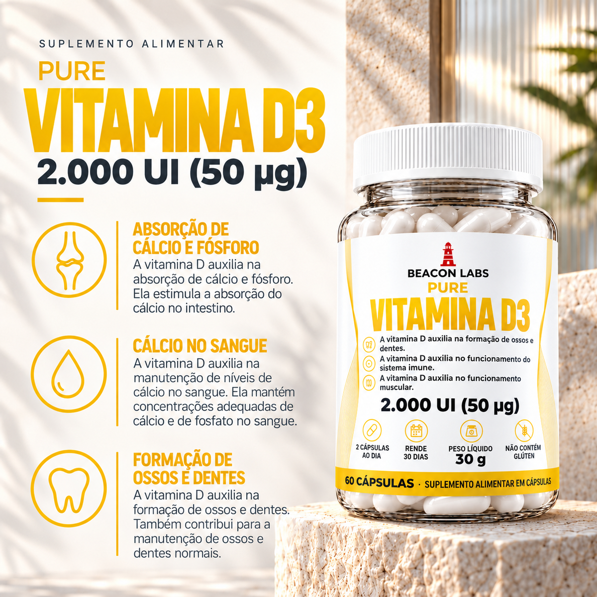 Pure Vitamina D3 Colecalciferol 2.000 UI – beneficios lista
