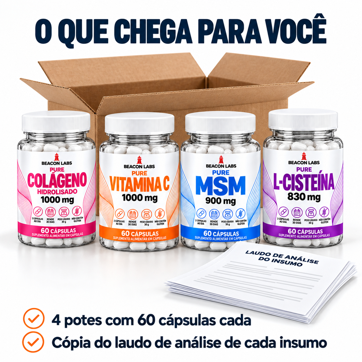 Combo Colágeno + Vitamina C + MSM + L-Cisteína – o que chega: os itens e a cópia do laudo de cada insumo