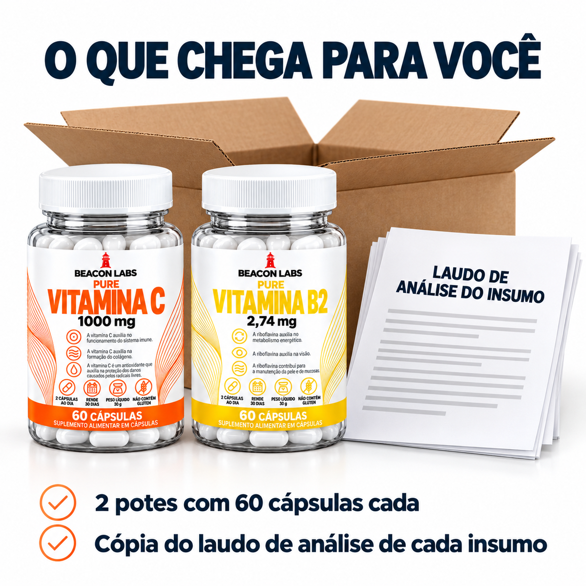 Combo Vitamina C + Vitamina B2 – o que chega: os itens e a cópia do laudo de cada insumo