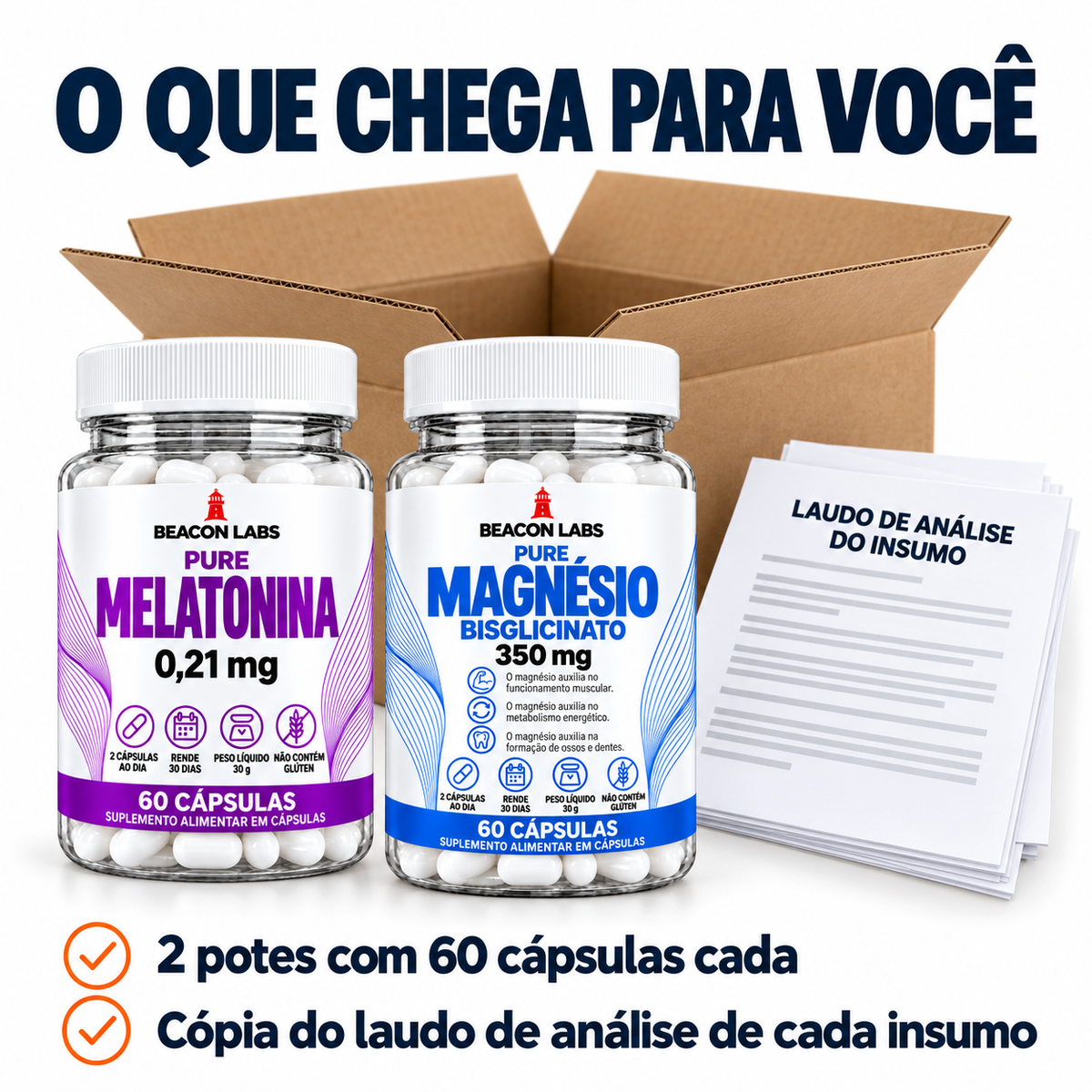 Combo Melatonina + Magnésio – o que chega: os itens e a cópia do laudo de cada insumo