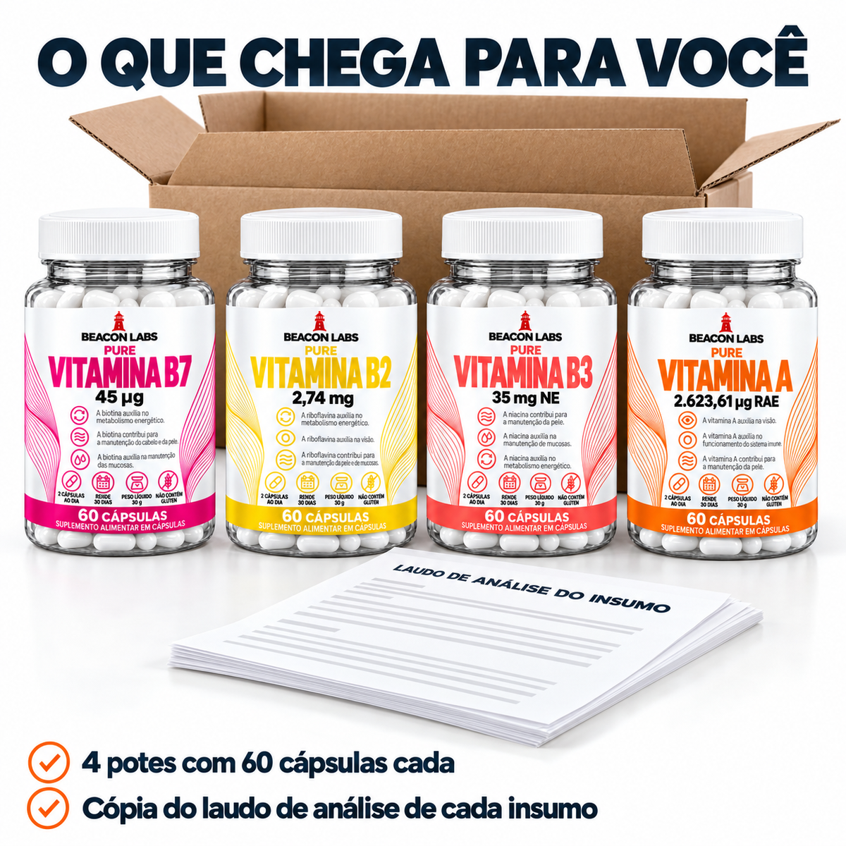 Combo Biotina, Vitaminas B2, B3 e A – o que chega: os itens e a cópia do laudo de cada insumo