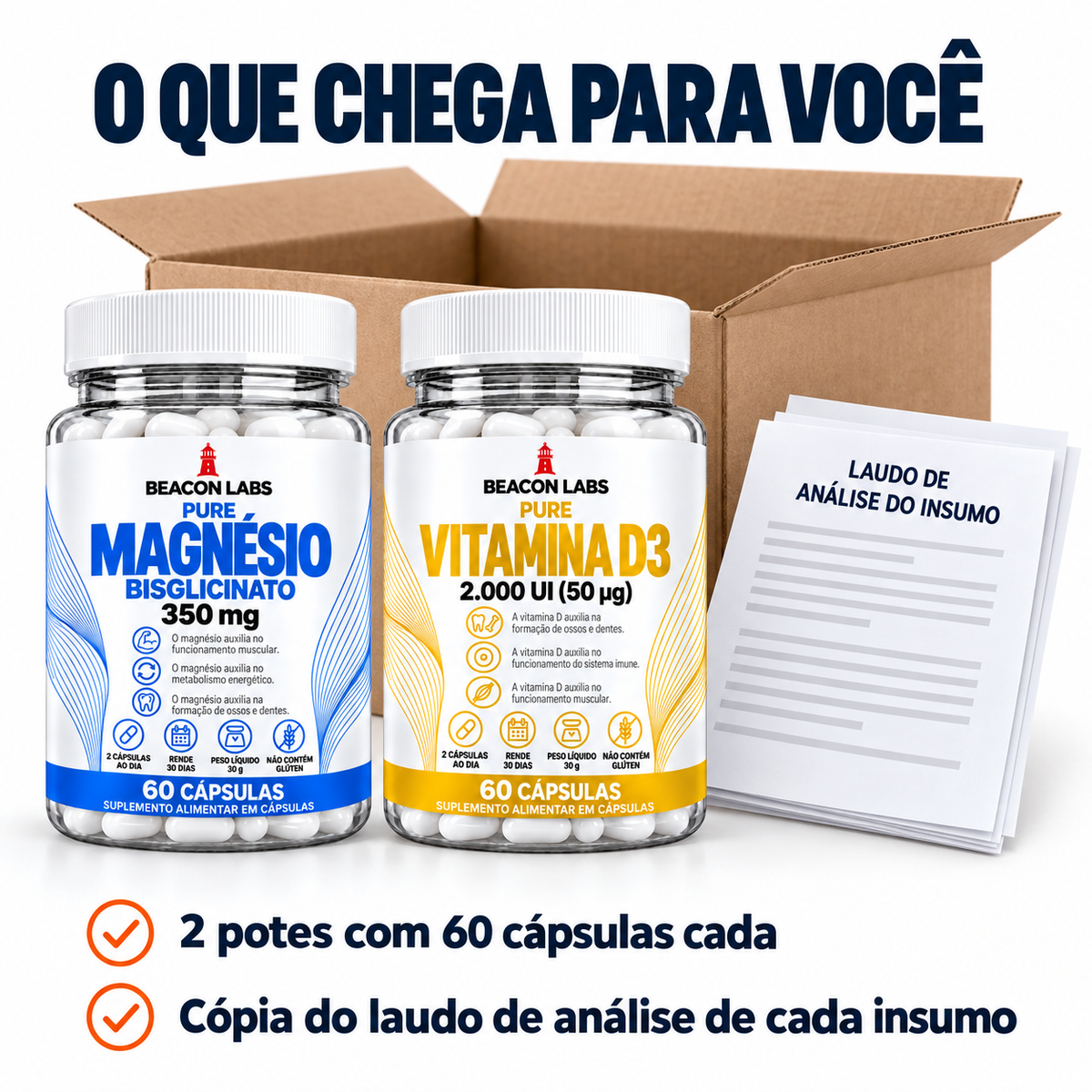 Combo Magnésio + Vitamina D3 – o que chega: os itens e a cópia do laudo de cada insumo