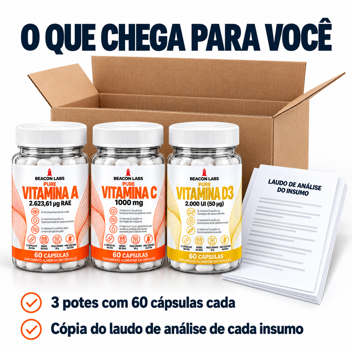 Combo Vitaminas A, C e D3 – o que chega: os itens e a cópia do laudo de cada insumo