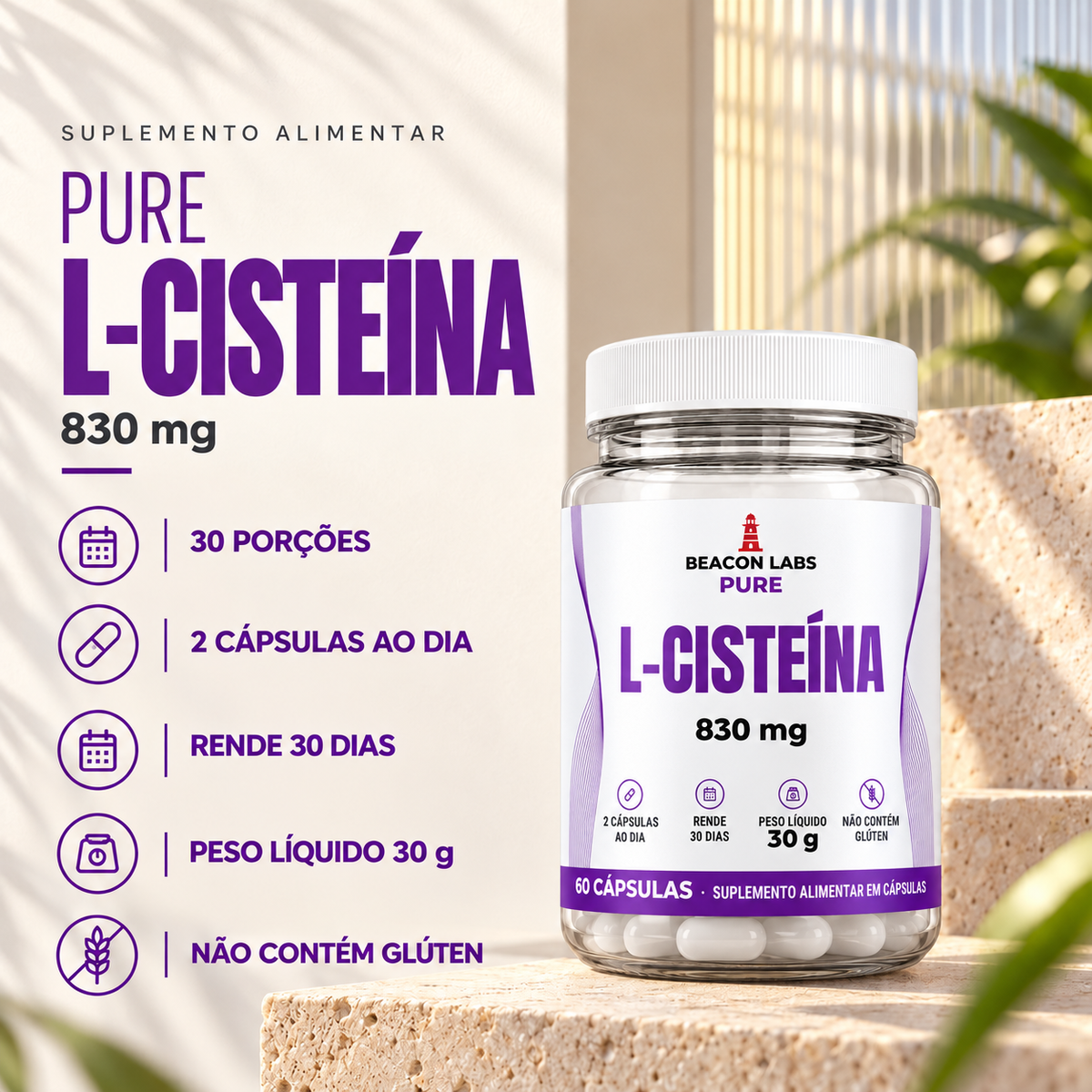 Pure L-Cisteína Aminoácido 830mg – fatos dose