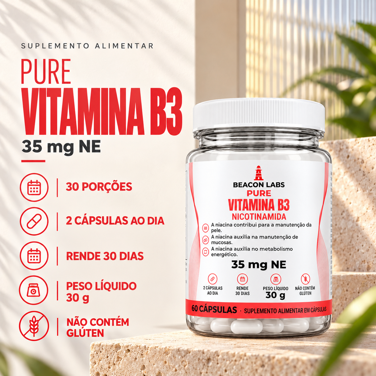 Pure Vitamina B3 Niacina Niacinamida 35mg NE – fatos dose