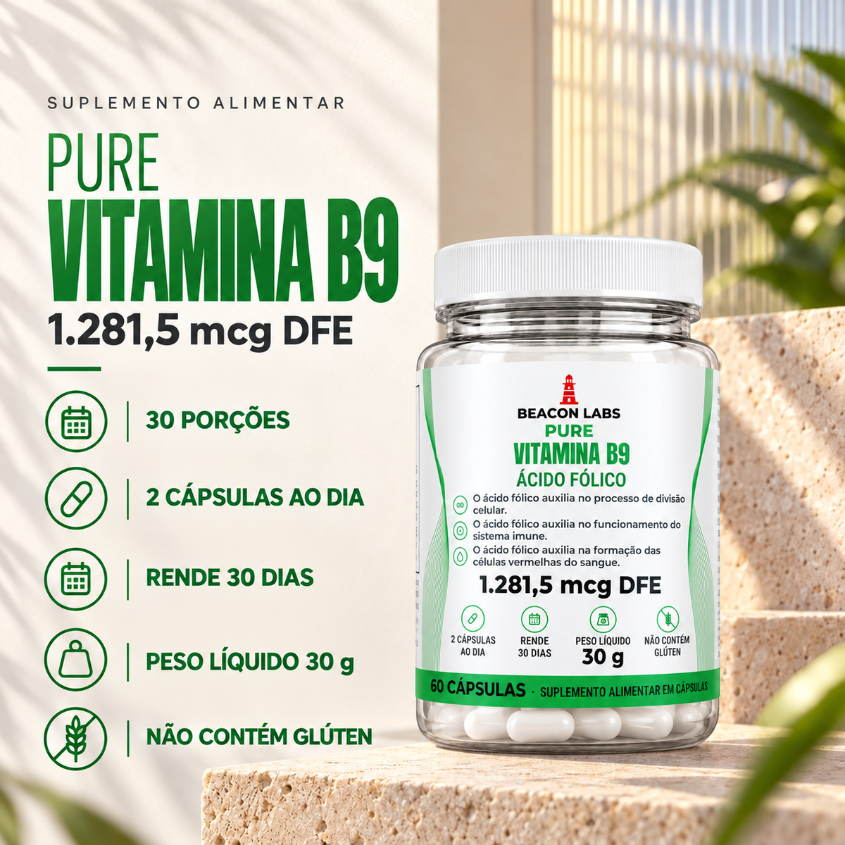 Pure Vitamina B9 Ácido Fólico 1.281,5mcg DFE – fatos dose