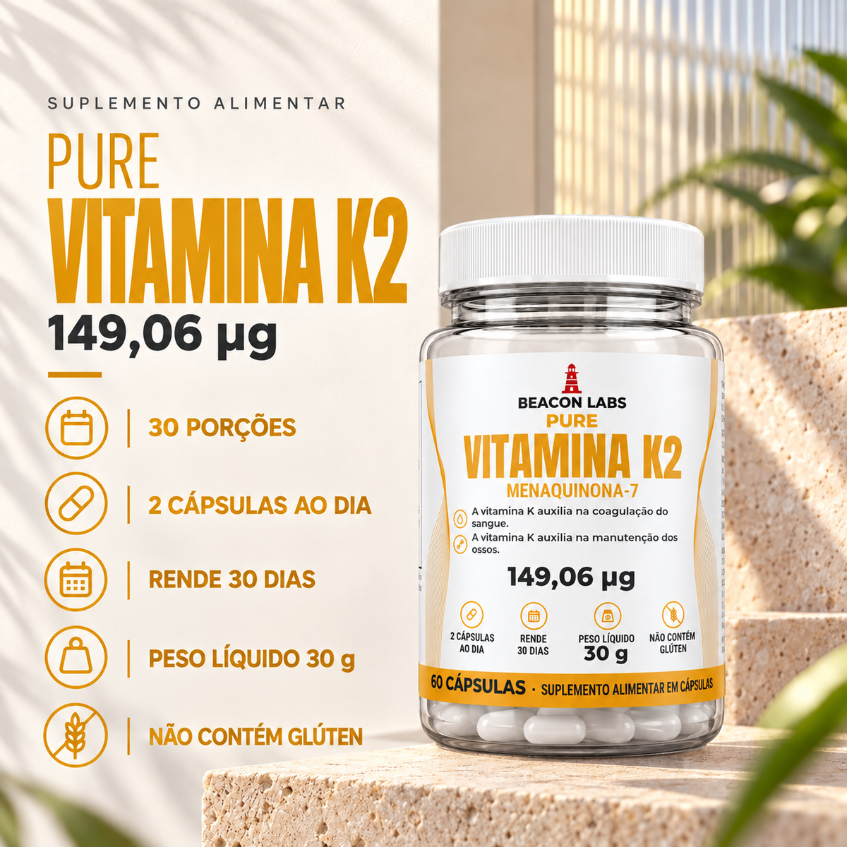 Pure Vitamina K2 MK-7 Menaquinona 149,06mcg – fatos dose