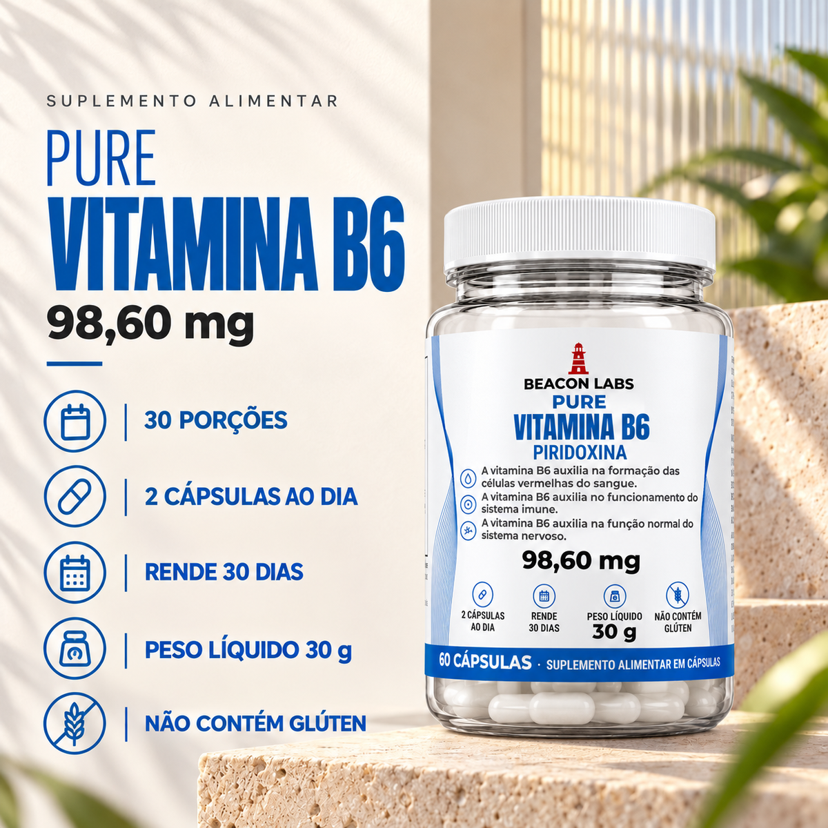 Pure Vitamina B6 Cloridrato de Piridoxina 98,60mg – fatos dose