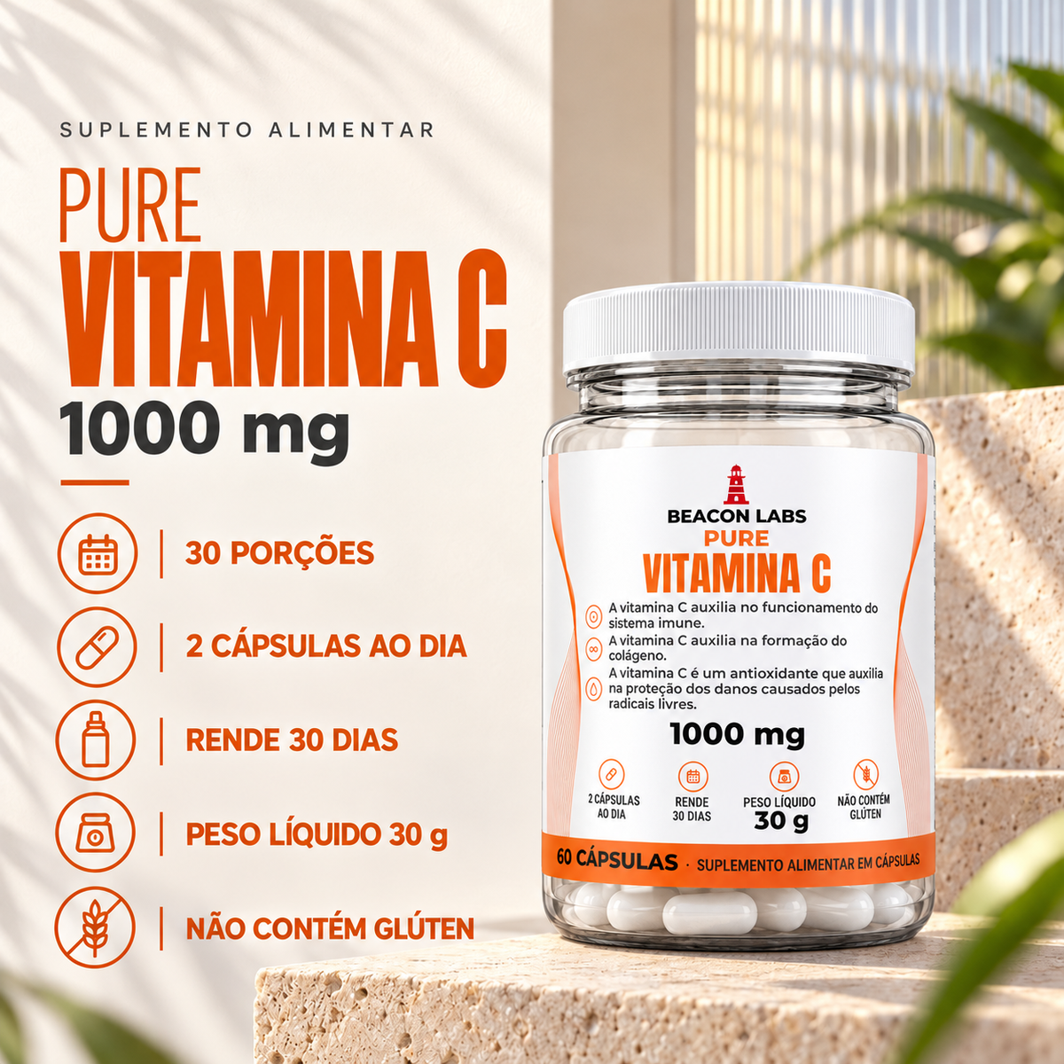 Pure Vitamina C Ácido Ascórbico 1000mg – fatos dose