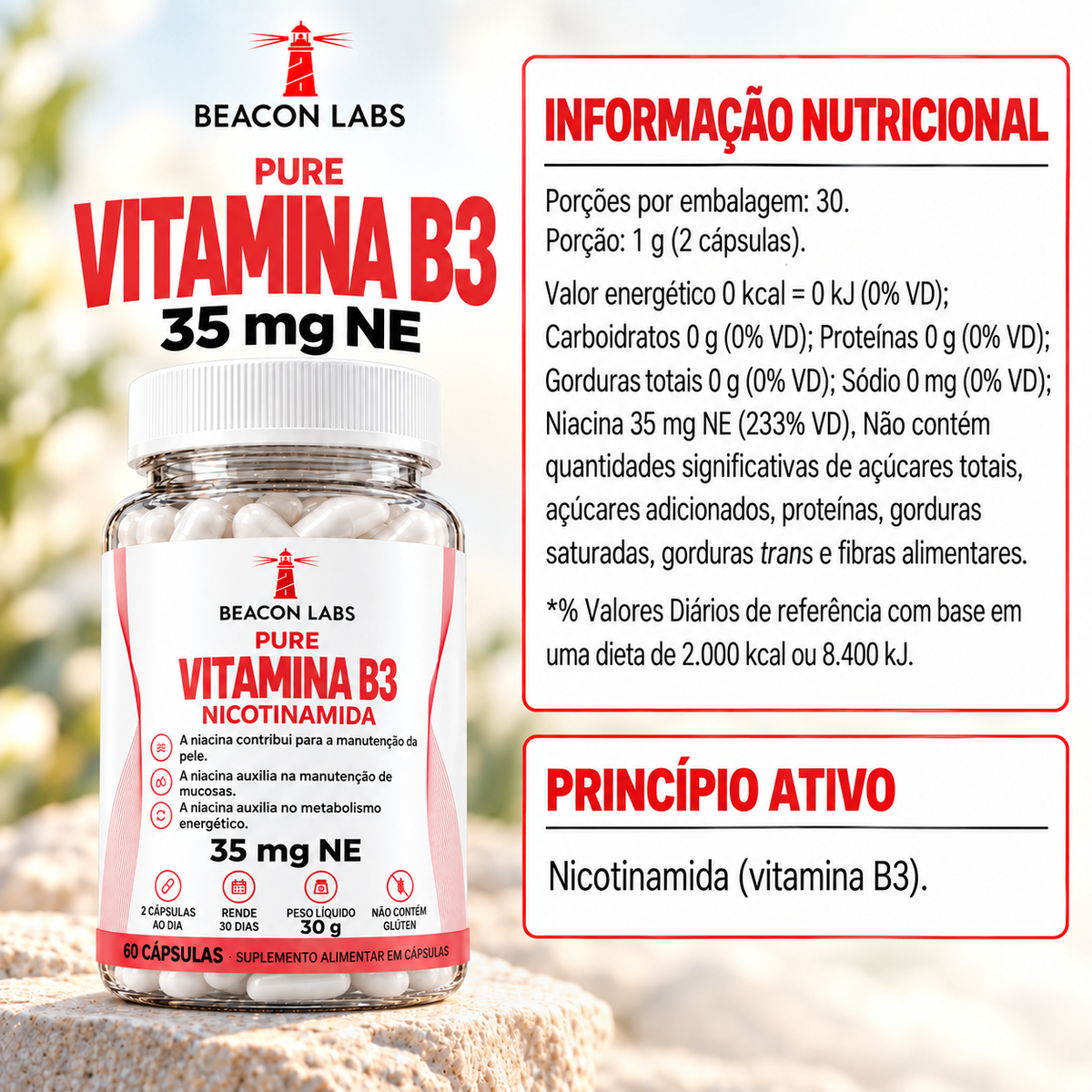 Pure Vitamina B3 Niacina Niacinamida 35mg NE – tabela ingredientes
