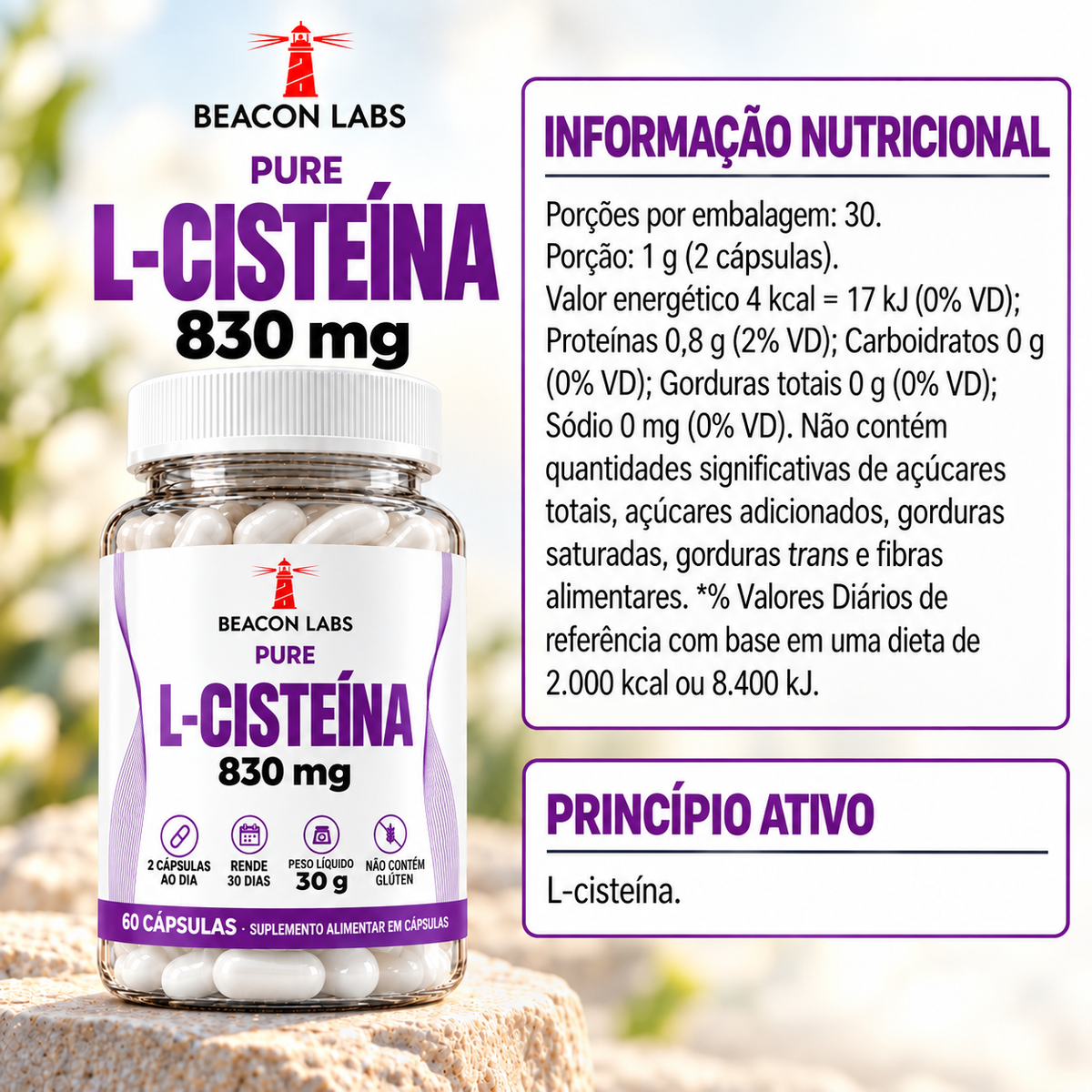 Pure L-Cisteína Aminoácido 830mg – tabela ingredientes