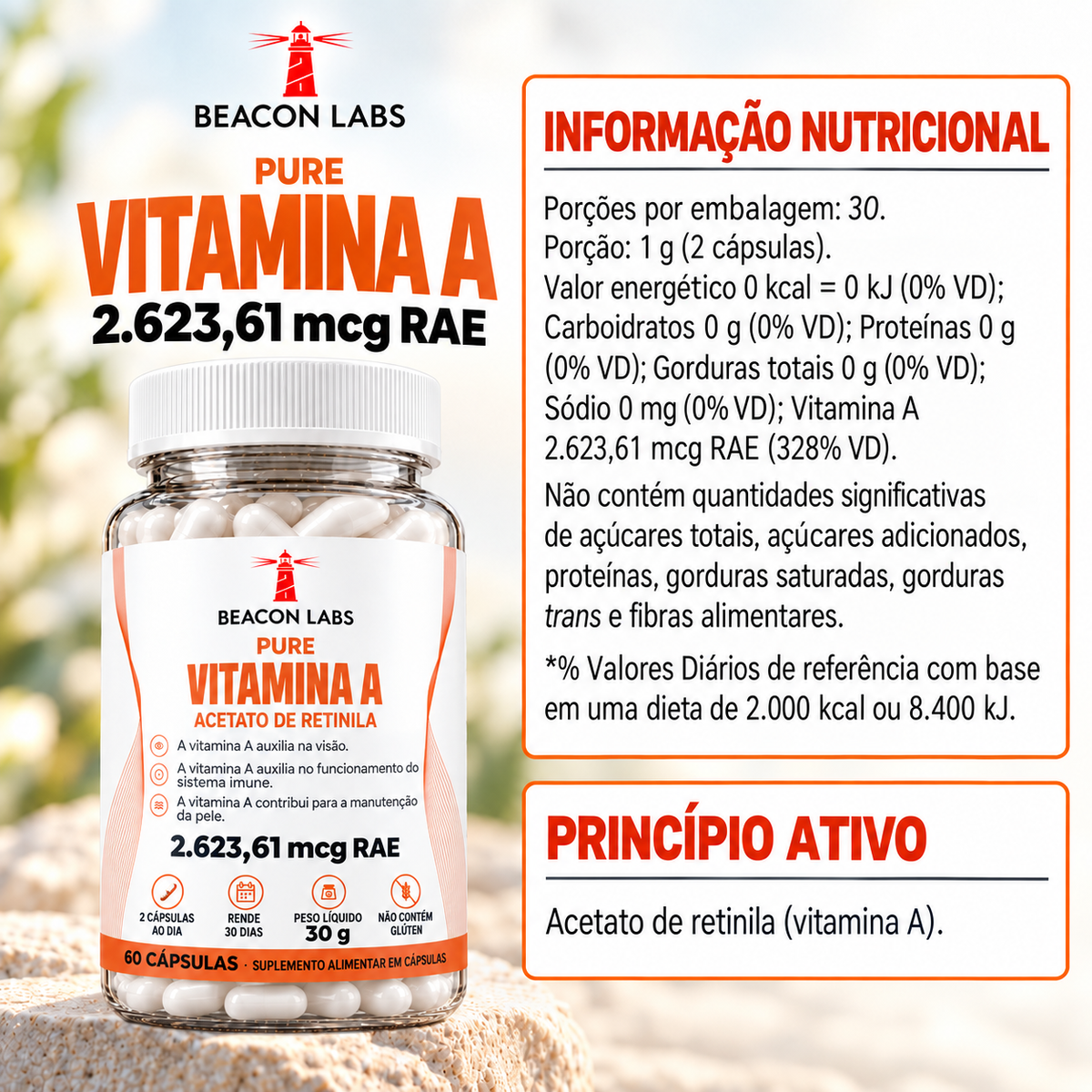 Pure Vitamina A Acetato de Retinila 2.623,61mcg RAE – tabela ingredientes