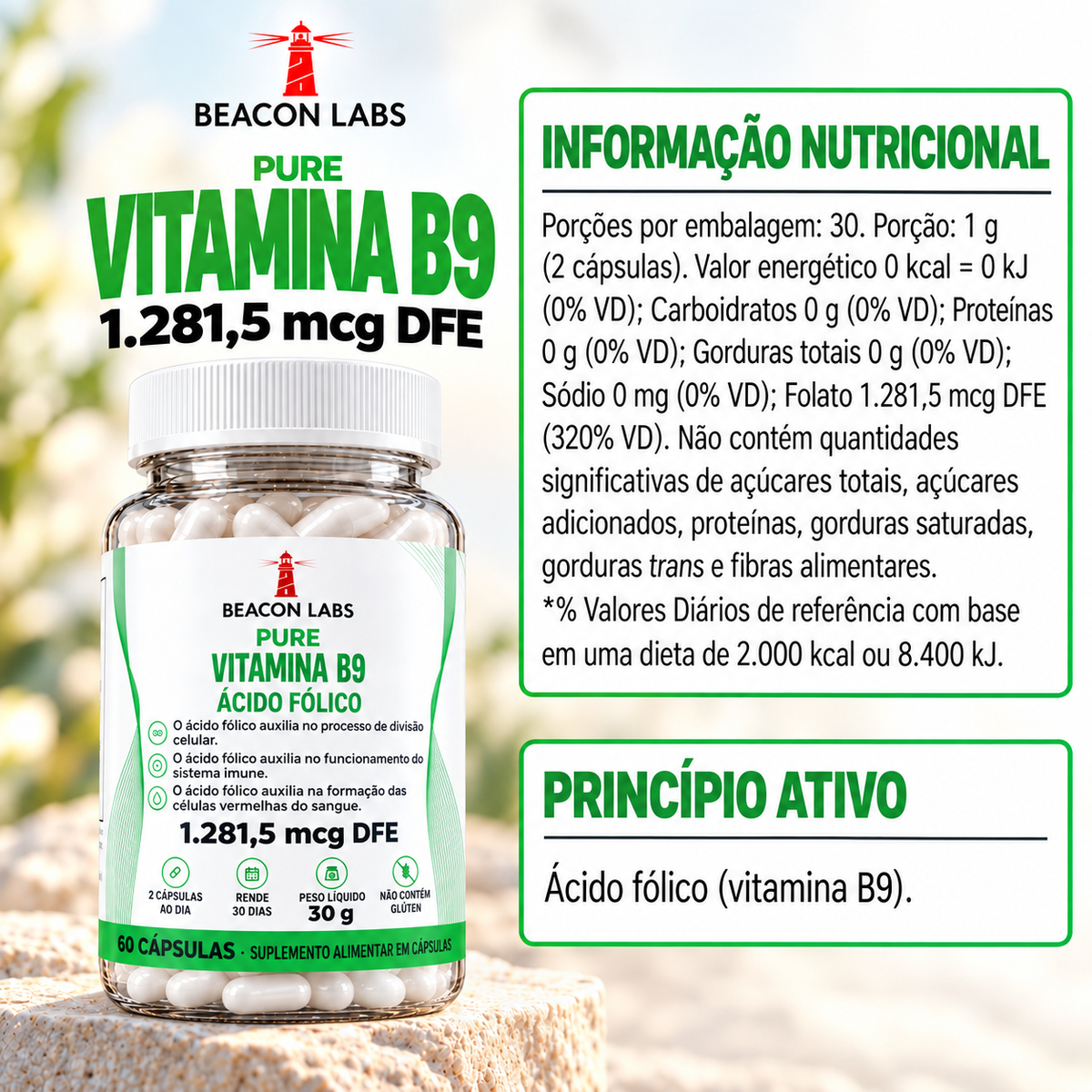 Pure Vitamina B9 Ácido Fólico 1.281,5mcg DFE – tabela ingredientes
