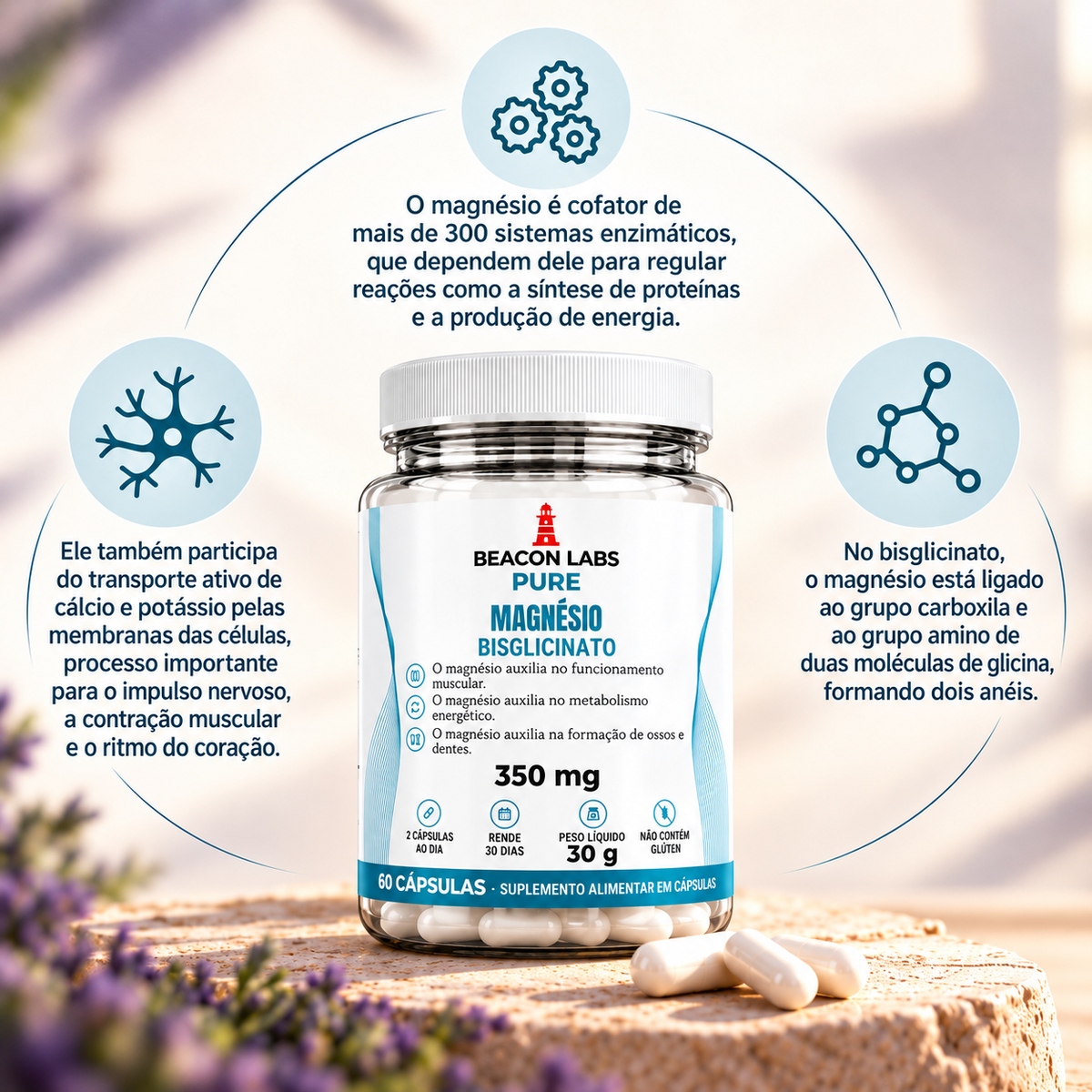 Pure Magnésio Bisglicinato 350mg – anel melatonina