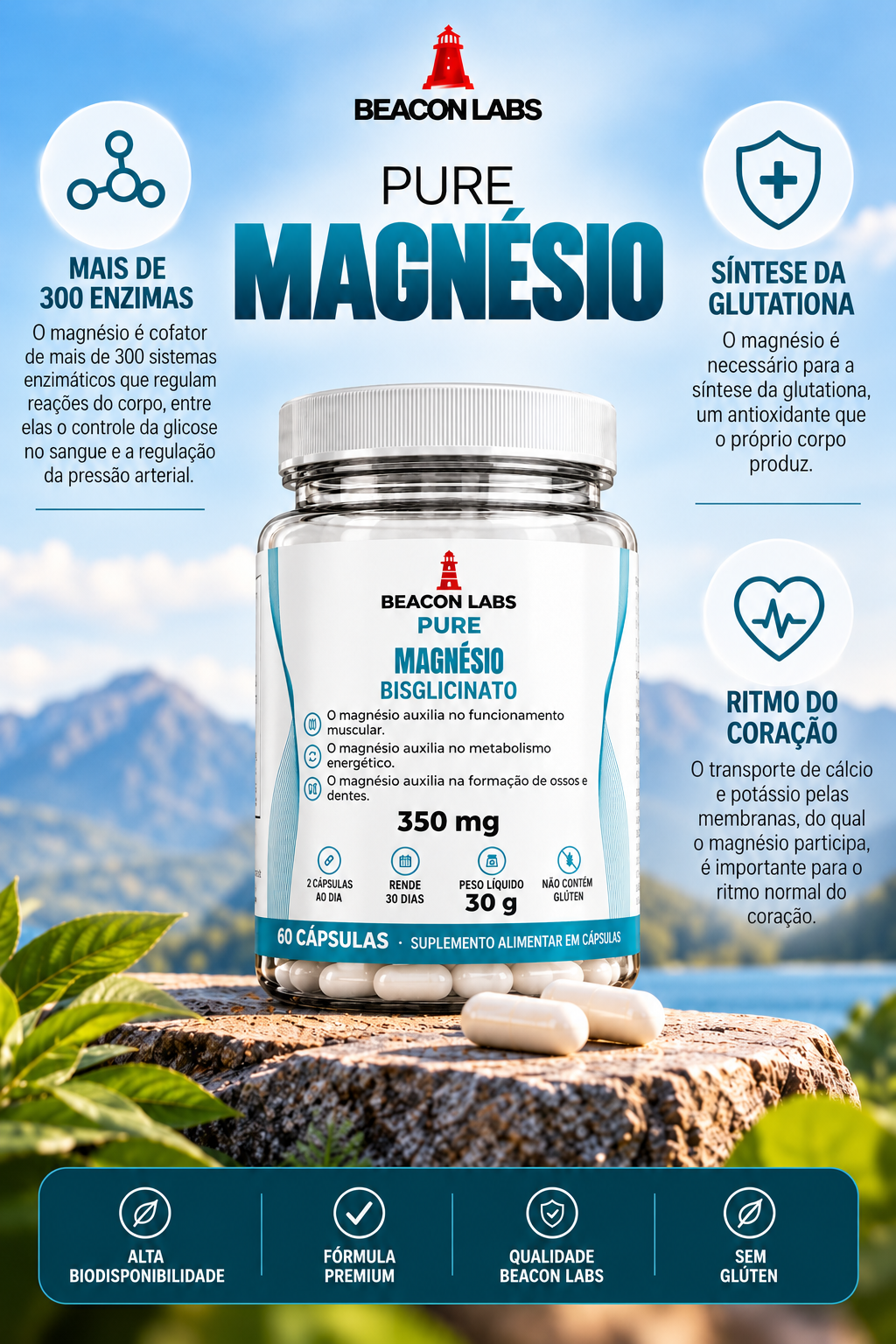 Pure Magnésio Bisglicinato 350mg – grade vertical