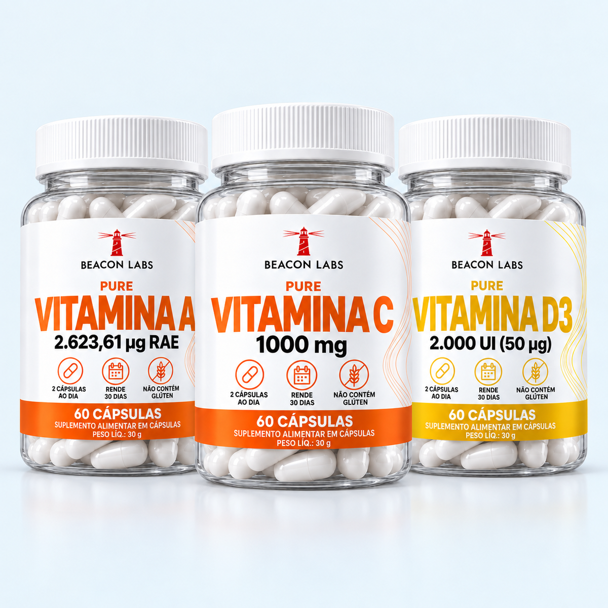 Combo com Pure Vitamina A, Pure Vitamina C 1000 mg e Pure Vitamina D3 2.000 UI
