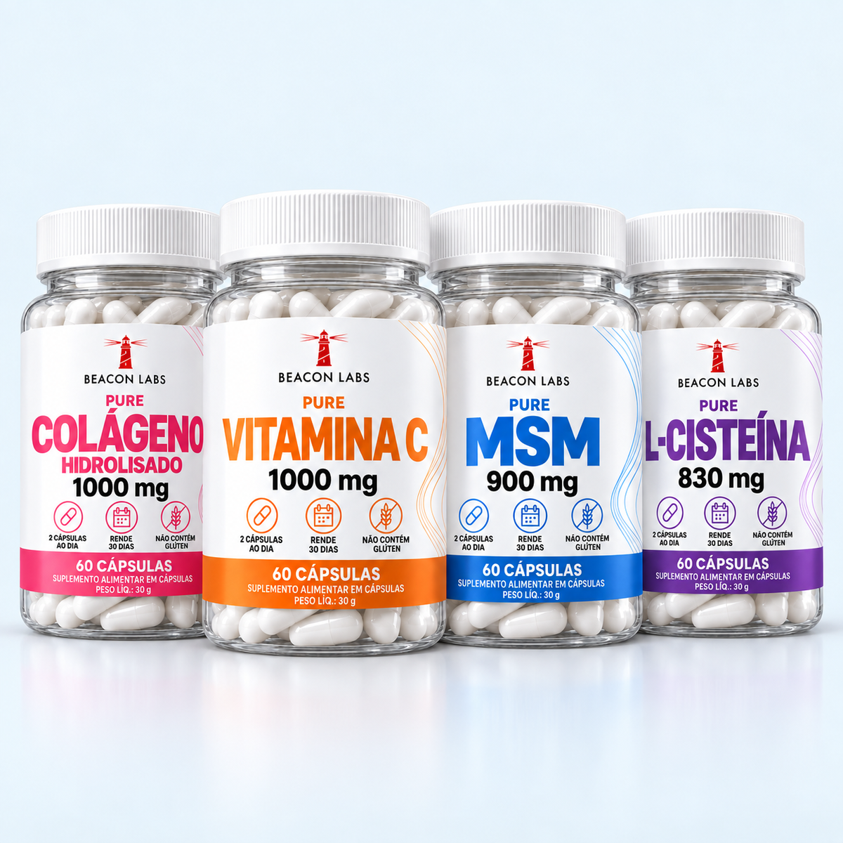 Combo com Pure Colágeno Hidrolisado 1000 mg, Pure Vitamina C 1000 mg, Pure MSM 900 mg e Pure L-Cisteína 830 mg