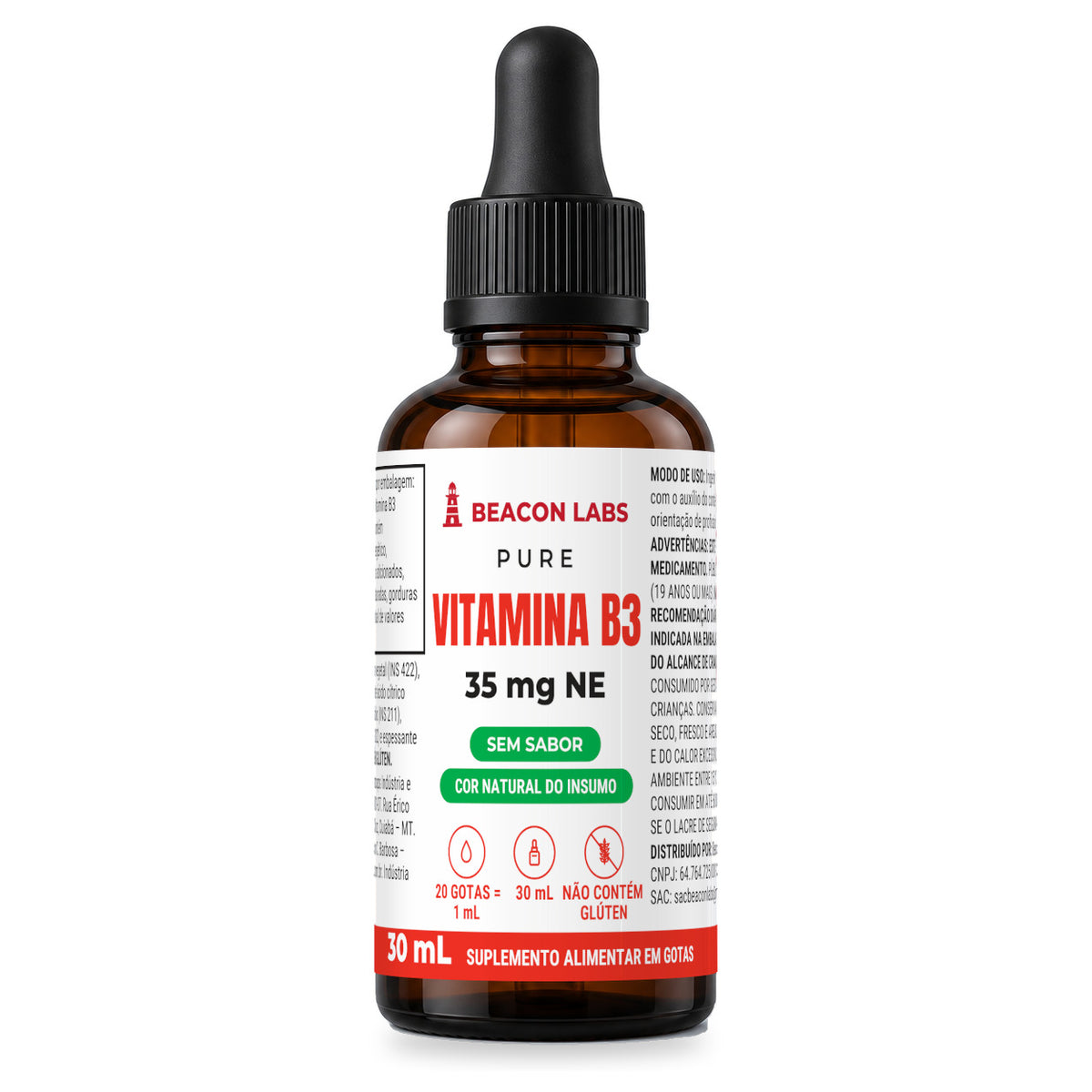 Combo Biotina, B3 e A em gotas + Vitamina B2 – Pure Vitamina B3 Niacina Nicotinamida 35mg NE (frente)