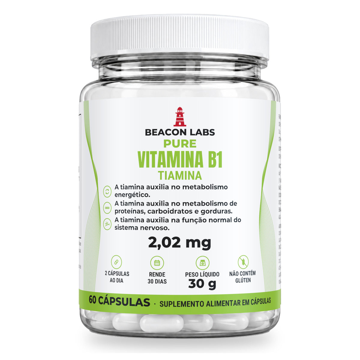 Combo Complexo B: B1, B2, B3, B5, B6, B7 e B12 – Pure Vitamina B1 Cloridrato de Tiamina 2,02mg (frente)