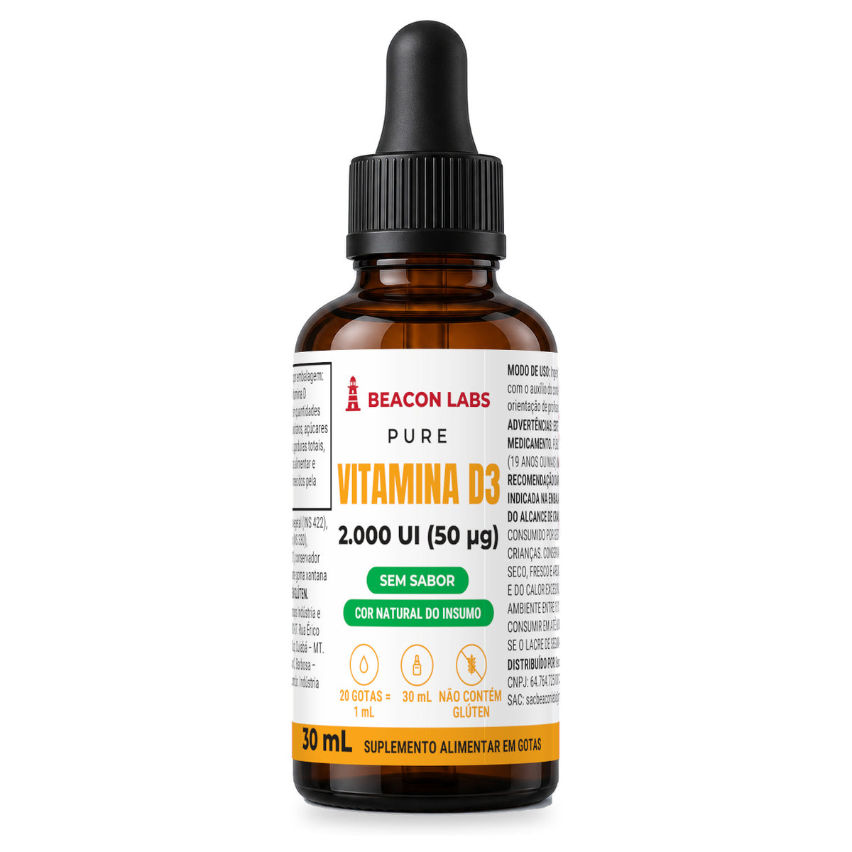 Combo Vitaminas B12 + D3 em gotas + Vitamina C – Pure Vitamina D3 Colecalciferol 2.000 UI (frente)