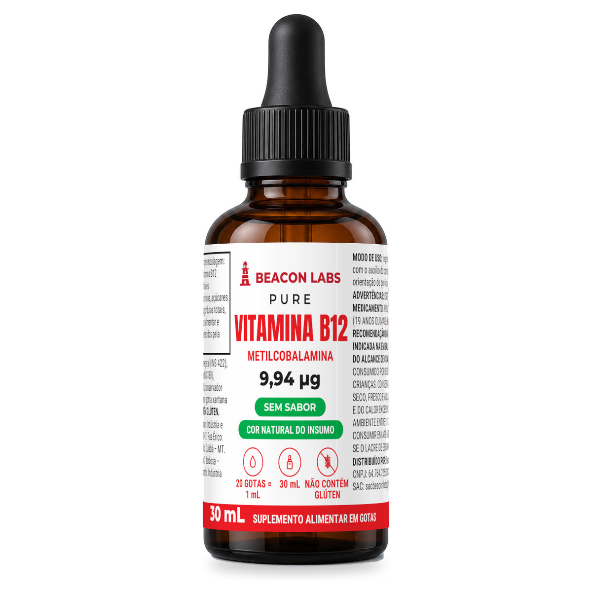 Combo Vitaminas B12 + D3 em gotas + Vitamina C – Pure Vitamina B12 Metilcobalamina 9,94mcg (frente)