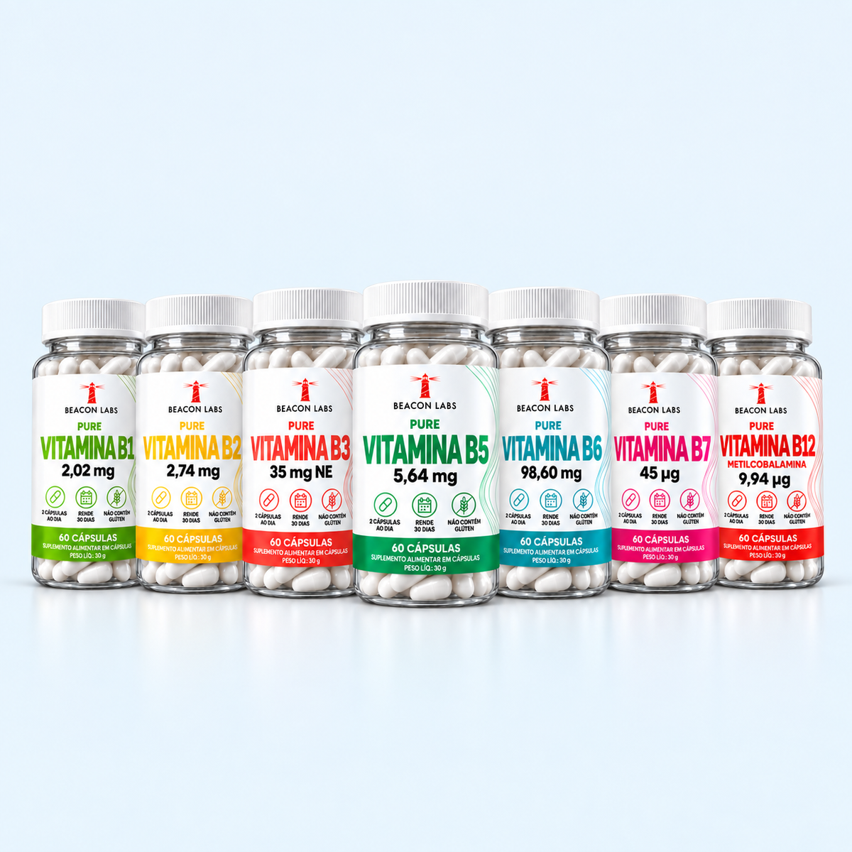 Combo com Pure Vitamina B1, Pure Vitamina B2, Pure Vitamina B3, Pure Vitamina B5, Pure Vitamina B6, Pure Vitamina B7 e Pure Vitamina B12