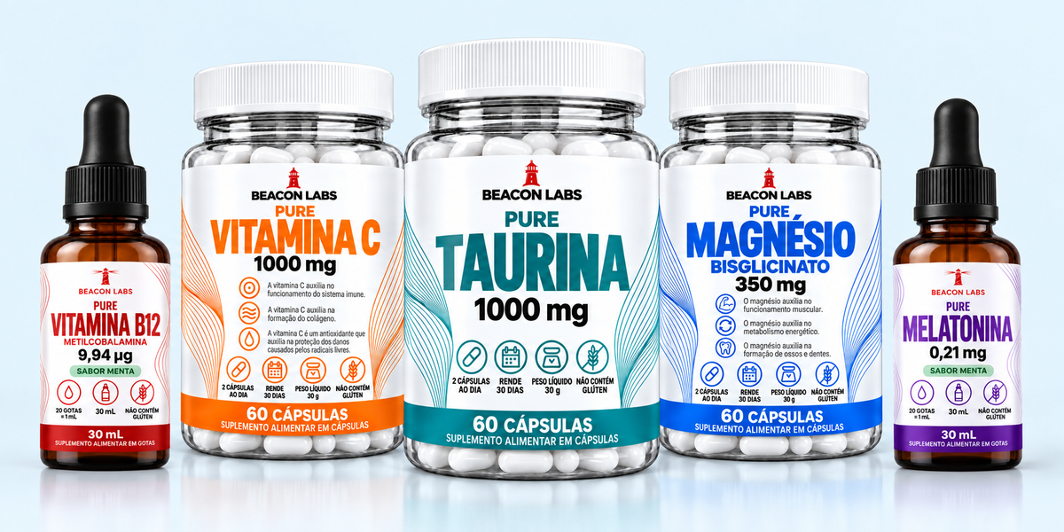 Potes Pure de Vitamina C, Taurina e Magnésio e frascos em gotas de Vitamina B12 e Melatonina