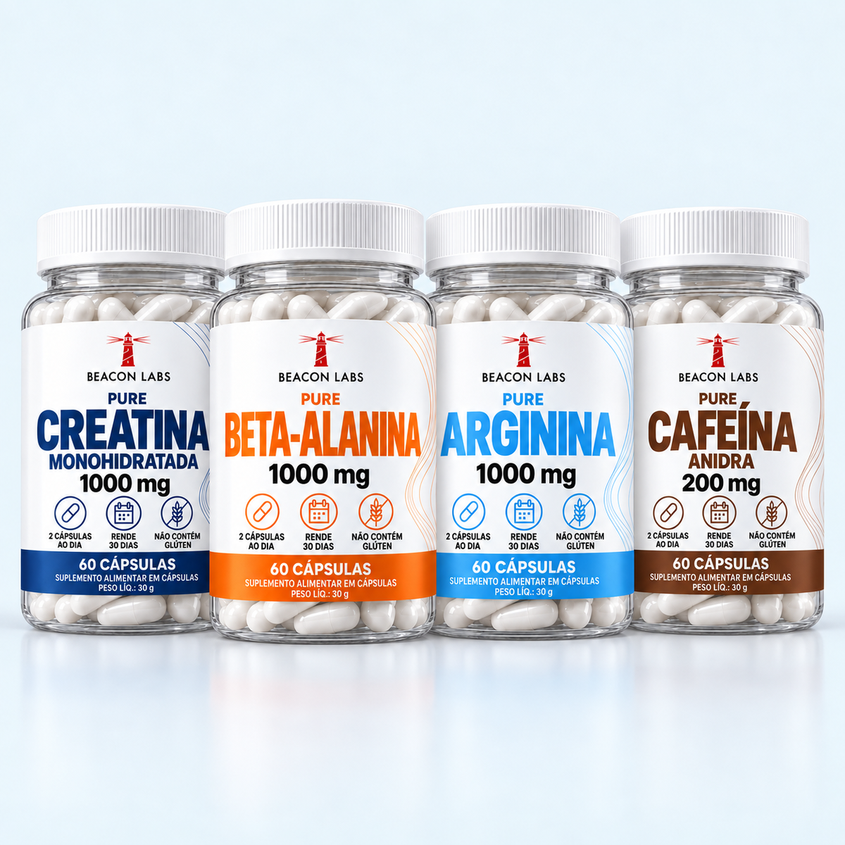 Combo com Pure Creatina Monohidratada 1000 mg, Pure Beta-Alanina 1000 mg, Pure Arginina 1000 mg e Pure Cafeína Anidra 200 mg