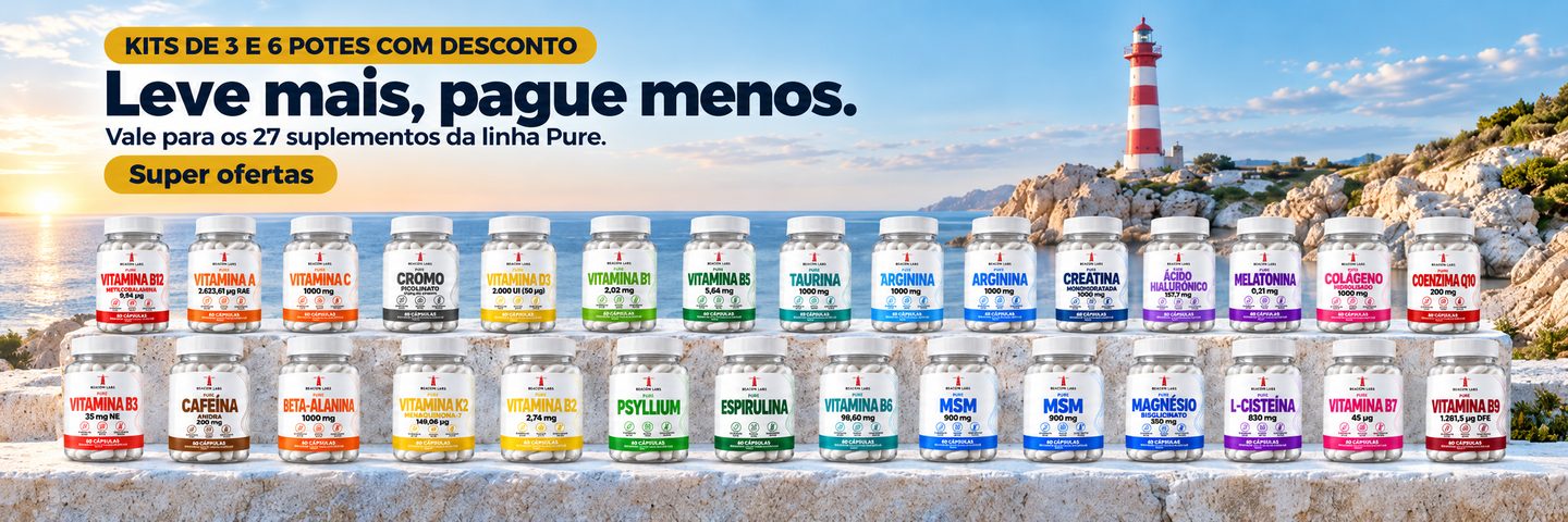 Kits de 3 e 6 potes com desconto. Leve mais, pague menos. Vale para os 27 suplementos da linha Pure. Super ofertas.